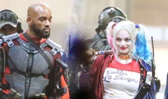 136672, Cast of Suicide Squad in full costume seen filming on the movie sets in Toronto. Will Smith as Deadshot, Margot Robbie as Harley Quinn, Jay Hernandez as El Diablo, Adam Beach, Adewale Akinnuoye-Agbaje as Killer Croc, Jai Courtney as Captain Boomerang, and Karen Fukuhara as Plastique. Will Smith and his previous 'Focus' co-star, Margot Robbie were spotted interacting in between scenes. Toronto, Canada - Monday May 4, 2015. CANADA OUT Photograph: © PacificCoastNews. Los Angeles Office: +1 310.822.0419 sales@pacificcoastnews.com FEE MUST BE AGREED PRIOR TO USAGE